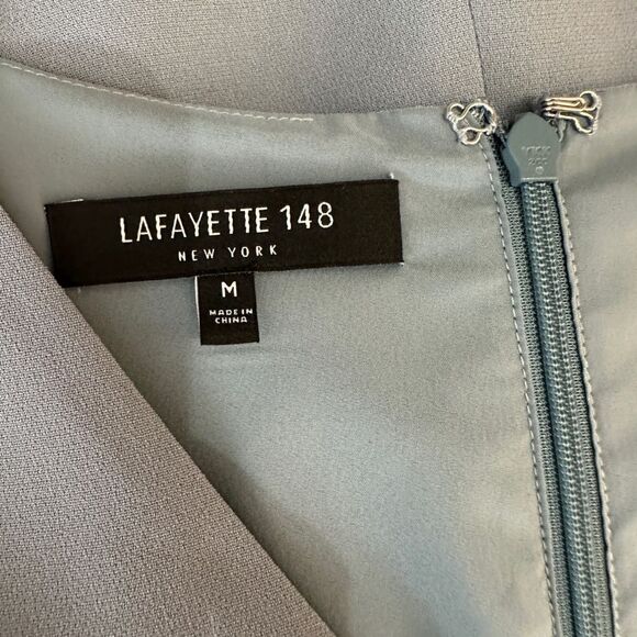 Lafayette 148 Elegant Blue V-Neck Dress with Tie Sleeves Size M - Picture 7 of 10